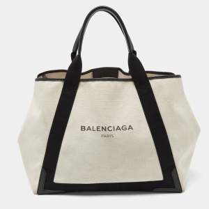 Balenciaga Black/Off White Canvas and Leather Large Cabas Tote