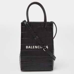 Balenciaga Black Croc Embossed Leather Phone Holder Crossbody Bag