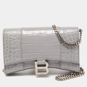 Balenciaga Grey Croc Embossed Leather Hourglass Wallet on Chain