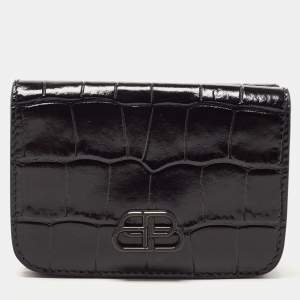 Balenciaga Black Croc Embossed Shiny Leather Mini BB Wallet