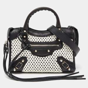 Pre Owned Balenciaga Black/White Leather and Raffia Mini Motorcycle City Bag