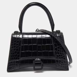 Pre Owned Balenciaga Black Croc Embossed Leather Small Hourglass Top Handle Bag