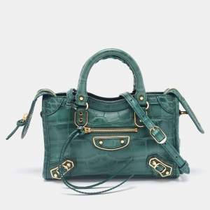 Balenciaga Green Croc Embossed Leather Nano Metallic Edge City Tote