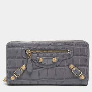 Balenciaga Grey Croc Embossed Leather Classic City Wallet