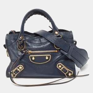 Pre Owned Balenciaga Dark Blue Leather Mini Classic City Tote