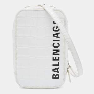 Pre Owned Balenciaga White Croc Embossed Leather Cash Phone Holder Bag