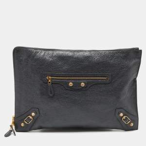 Pre Owned Balenciaga Grey Leather Classic Hardware Zip Pouch