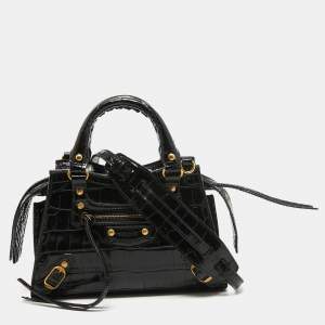 Pre Owned Balenciaga Black Croc Embossed Leather Mini Neo Classic Bag