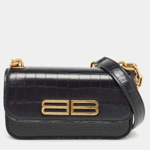 Balenciaga Black Croc Embossed Leather Gossip Wallet On Chain