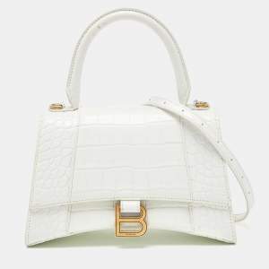 Balenciaga White Croc Embossed Leather Small Hourglass Top Handle Bag
