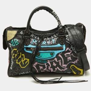 Balenciaga Black Graffiti Leather City Tote