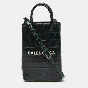 Pre Owned Balenciaga Green/Black Croc Embossed Leather Phone Crossbody Bag