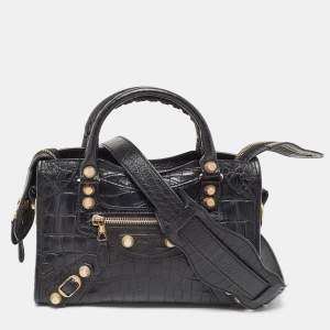Pre Owned Balenciaga Black Croc Embossed Leather Mini RH Classic City Bag