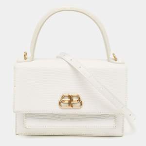 Pre Owned Balenciaga White Lizard Embossed Leather XS Sharp Top Handle Bag