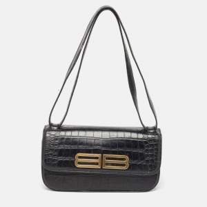 Pre Owned Balenciaga Black Croc Embossed Leather Small Gossip Shoulder Bag