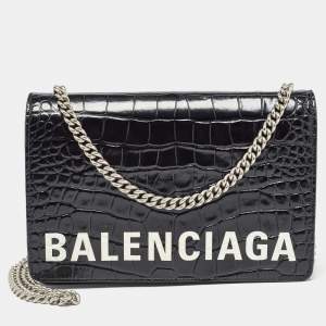 Pre Owned Balenciaga Black Croc Embossed Leather Ville Chain Clutch