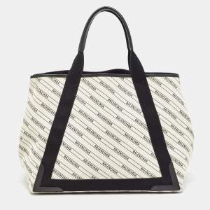 Pre Owned Balenciaga Beige/Black Canvas and Leather M Navy Cabas Tote