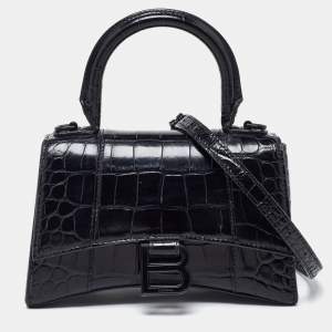 Pre Owned Balenciaga Black Croc Embossed Leather XS Hourglass Top Handle Bag
