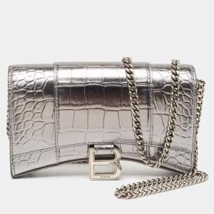 Balenciaga Silver Croc Embossed Leather Hourglass Wallet on Chain