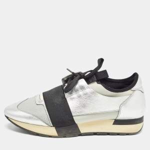 Balenciaga Silver/Grey Leather and Knit Fabric Race Runner Sneakers Size 40