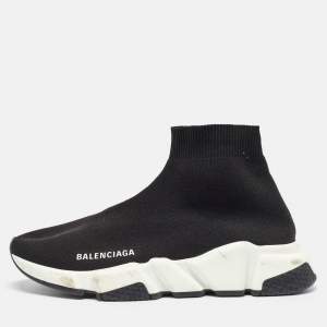 Balenciaga Black Knit Fabric Speed Trainer Slip On High-Top Sneakers Size 37