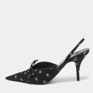 Balenciaga Black BB Print Satin Knife Slingback Pumps Size 38