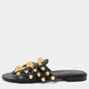 Balenciaga Black Leather Arena Flat Slides Size 35