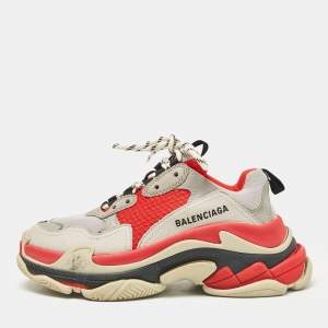 Balenciaga Grey/Red Faux Leather and Mesh Triple S Sneakers Size 37