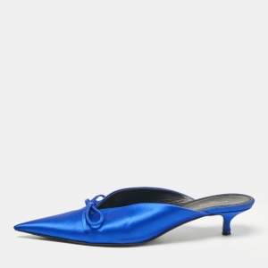 Balenciaga Royal Blue Satin Bow Knife Heel Mules Size 38