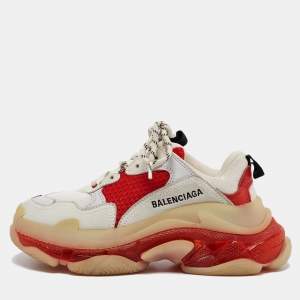 Balenciaga White/Red Leather and Mesh Triple S Clear Sole Sneakers Size 36