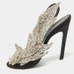 Balenciaga Black Satin Sequins Embellished Slingback Sandals Size 38.5
