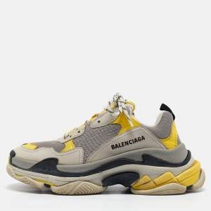 Balenciaga Grey/Yellow  Fabric and Faux Leather Triple S Lace Up Sneakers Size 39