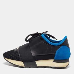 Balenciaga Black/Blue Mesh and Leather Race Runner Sneakers Size 35