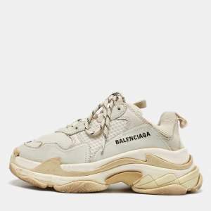 Balenciaga White/Grey Faux Leather and Mesh Triple S Sneakers Size 37