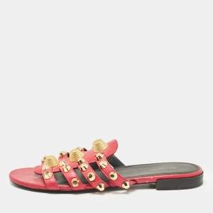 Balenciaga Pink Leather Studded Arena Flat Slides Size 38