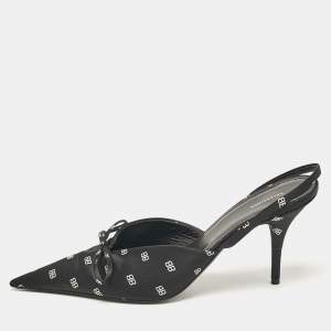 Pre Owned Balenciaga Black BB Print Satin Bow Knife Slingback Pumps Size 39.5