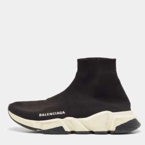 Pre Owned Balenciaga Black Knit Fabric Speed Trainer High Top Sneakers Size 39