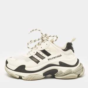 Balenciaga White/Black Mesh and Faux Leather Triple S Lace Up Sneakers Size 37