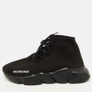 Balenciaga Black Knit Fabric Speed Trainer Lace Up Sneakers Size 38