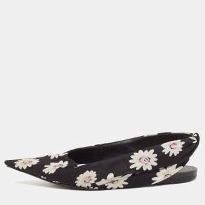 Balenciaga Black Floral Print Fabric Pointed Toe Slingback Flats Size 38
