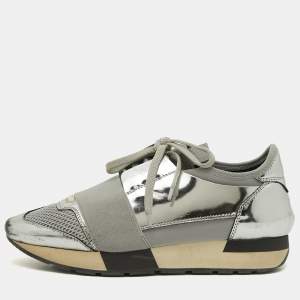 Balenciaga Silver Leather and Mesh Race Runner Sneakers Size 36