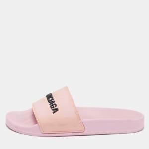 Balenciaga Pink Rubber Logo Embossed Flat Slides Size 39