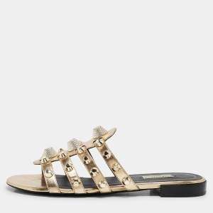 Balenciaga Gold Leather Arena Studded Strappy Flat Slides Size 39