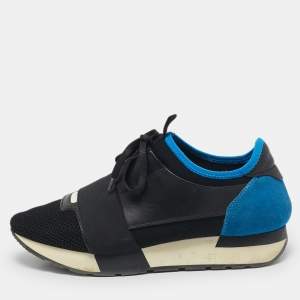 Balenciaga Blue/Black Mesh and Suede Race Runner Low Top Sneakers Size 38