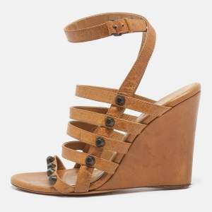 Balenciaga Brown Leather Arena Cage Wedge Sandals Size 38.5