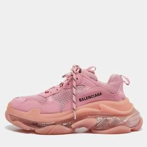 Balenciaga Pink Mesh and Nubuck Leather Triple S Clear Sole Lace Up Sneakers Size 39