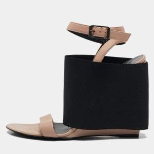 Balenciaga Beige Elastic and Leather Wedge Ankle Strap Sandals Size 39.5