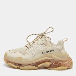 Balenciaga Cream Mesh and Faux Leather Triple S Clear Sole Sneakers Size 39