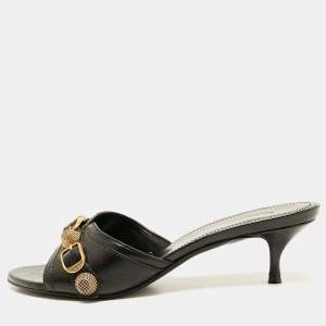 Balenciaga Black Leather Le Cagole Studded Slide Sandals Size 38