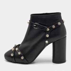 Balenciaga Black Leather Studded Zip Ankle Boots Size 37